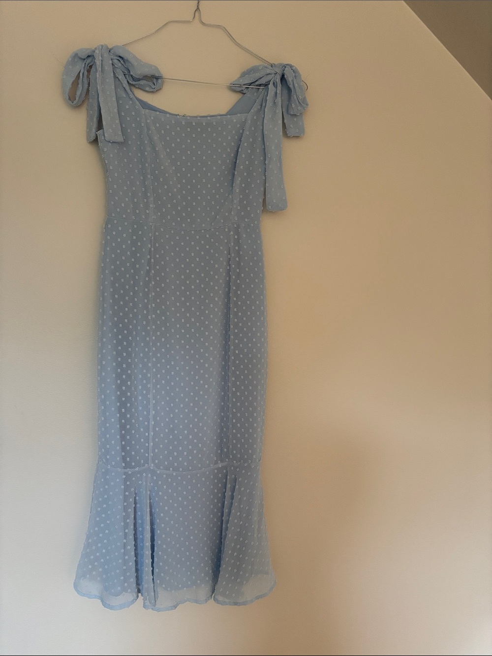 Lulu's Powder Blue Swiss Dot Tie-Shoulder Midi Dress